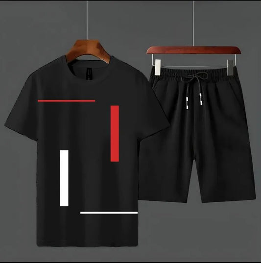 Men's Vertical Stripes Printed Round Neck Half Sleeves Casual Tracksuit