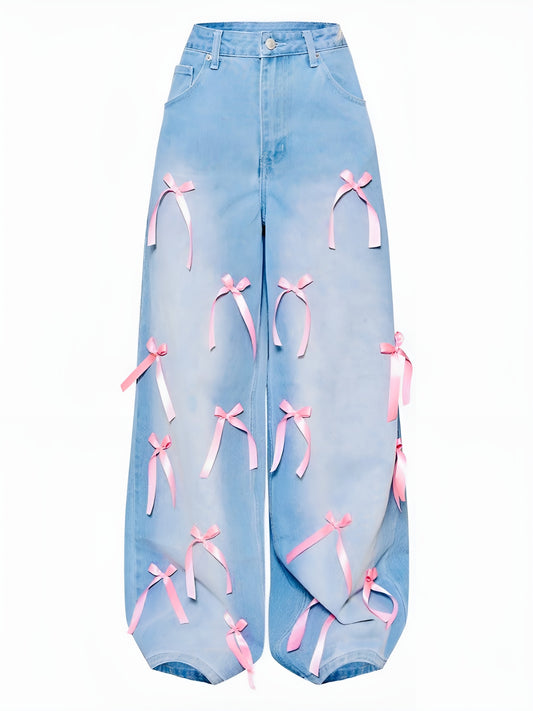 Pink Bow Wide-Leg Jeans