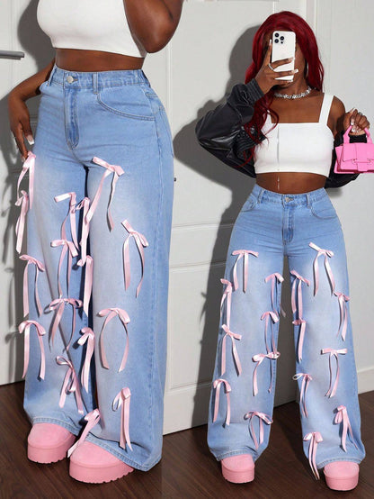 Pink Bow Wide-Leg Jeans