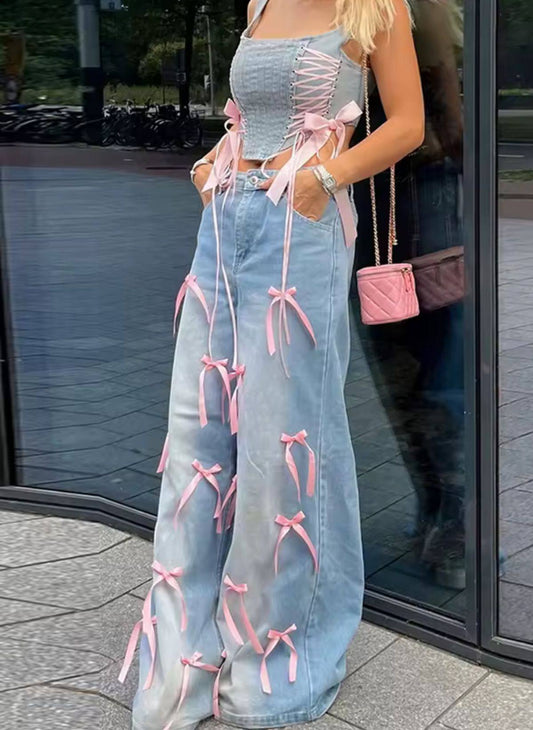 Pink Bow Wide-Leg Jeans
