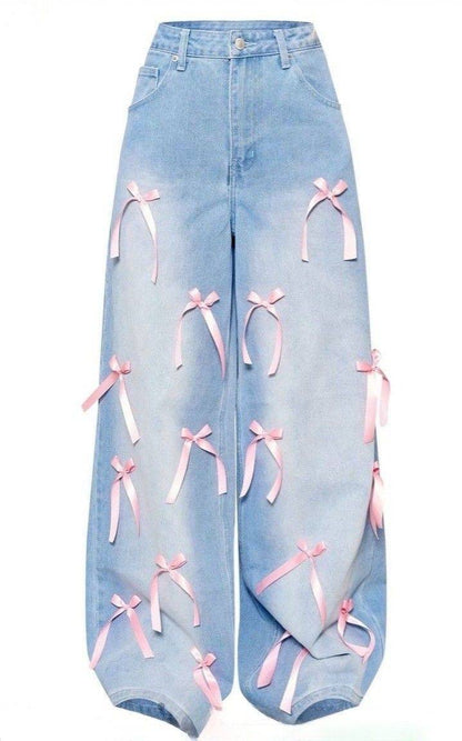 Pink Bow Wide-Leg Jeans