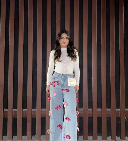Pink Bow Wide-Leg Jeans