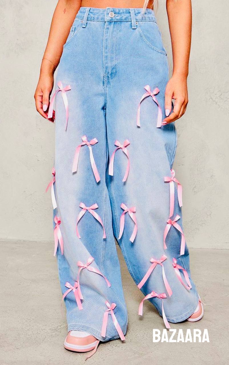Pink Bow Wide-Leg Jeans