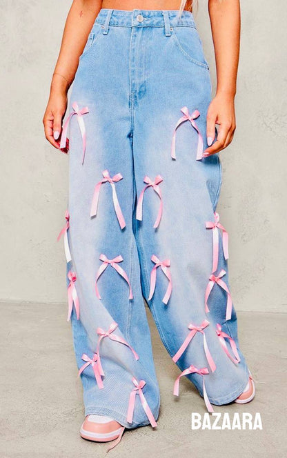 Pink Bow Wide-Leg Jeans